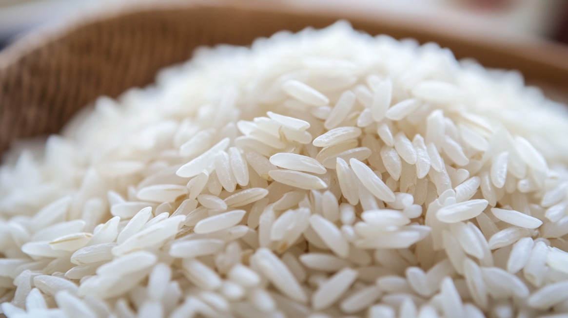 Close-up of uncooked white rice grains in a bowl, representing the debate over the safety of eating al dente or slightly undercooked rice